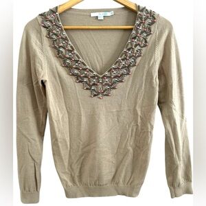 Boden Women's Tan Sand Embellished Beaded V Neck Wool Blend Sweater Size 2 XS‎